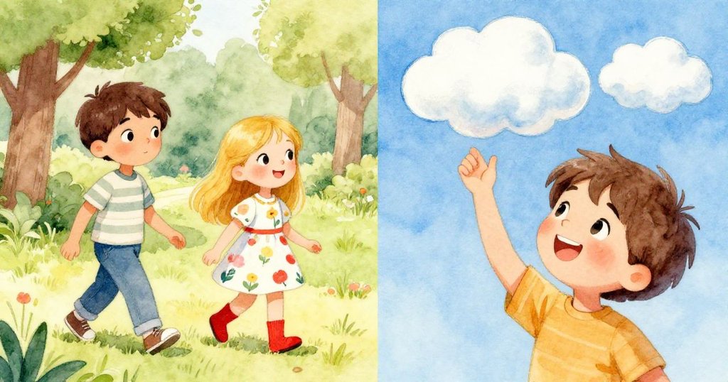 妹妹穿著鮮紅襪子與亞歷克斯慢行公園，亞歷克斯仰望飄逸雲朵，臉上滿是溫暖的笑容。