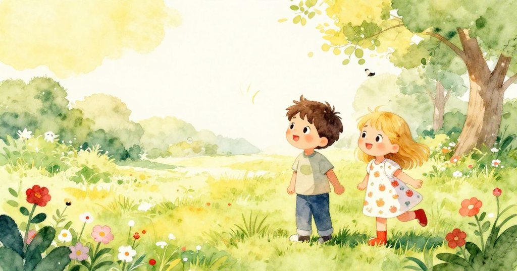 公園中孩子們快樂嬉戲，鮮花與綠草交織，亞歷克斯與妹妹在明亮陽光下探索，氣氛活潑。