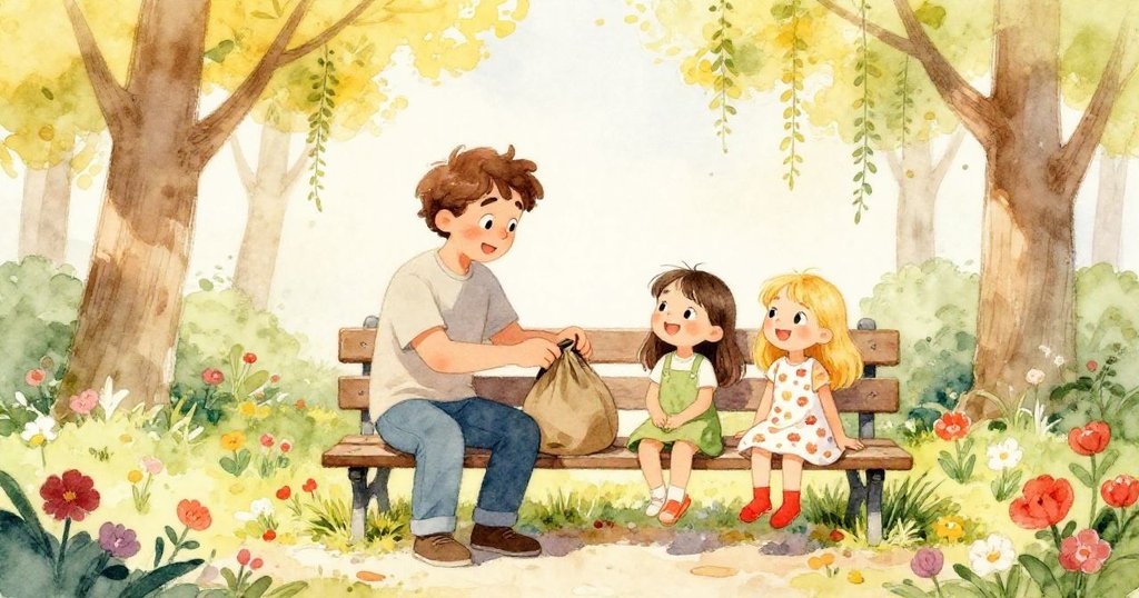 好心男士歸還失物時，亞歷克斯與妹妹面帶笑容坐於花叢環繞的長椅上，場景祥和溫暖。