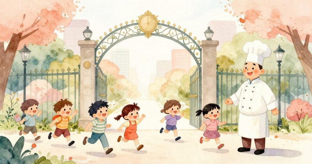 廚師和孩子們從公園拱門走入暖陽下，臉上充滿期待與喜悅，背景呈現柔和色彩和綠意盎然的城市公園。