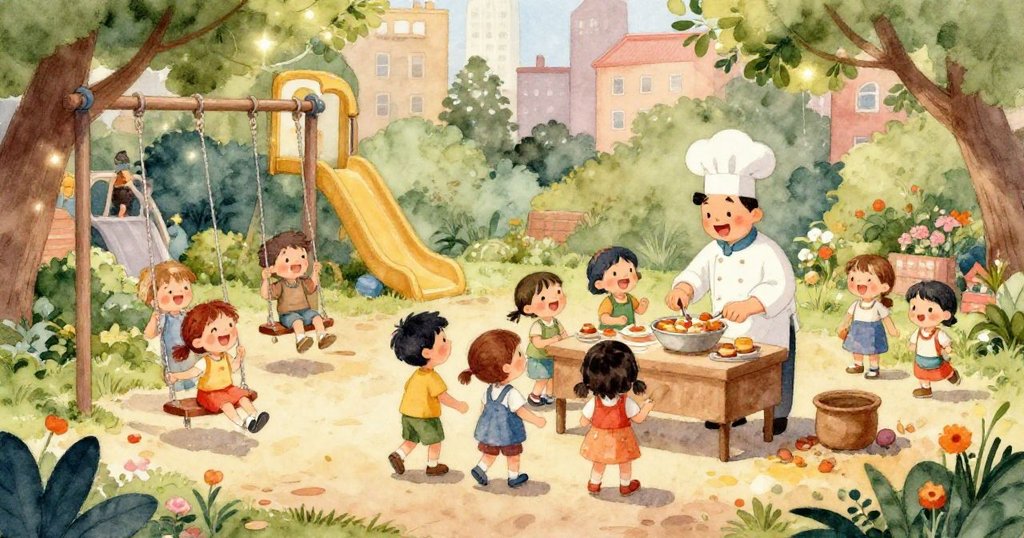 孩子特寫臉部，雙眸閃爍著好奇與驚奇，注視著廚師展示的新鮮食材，背景透著淡雅公園氣息。