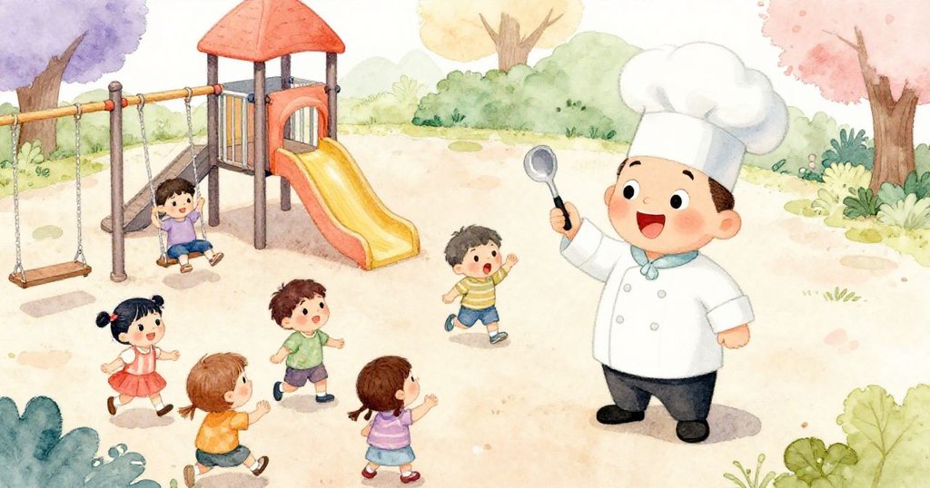 從高角度俯視，孩子們在鞦韆和滑梯上歡笑玩耍，驚奇地注視著正忙亂找工具的廚師，公園氛圍溫暖。