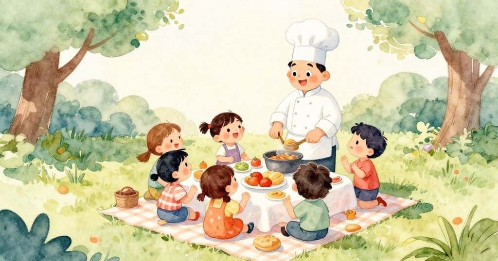 從高處俯瞰，廚師與孩子在公園野餐桌旁烹飪，互動熱絡，食材豐富，營造出歡樂午后溫馨場景。