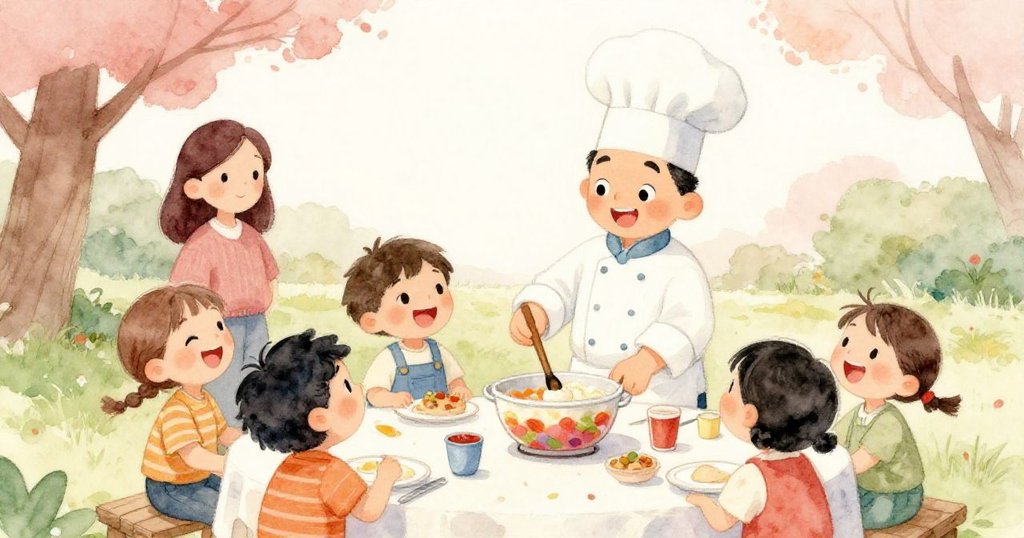 廚師與孩子在公園陽光下互動攪拌混合物，父母在旁滿臉欣慰，場景充滿溫馨、歡樂與協作氣氛。