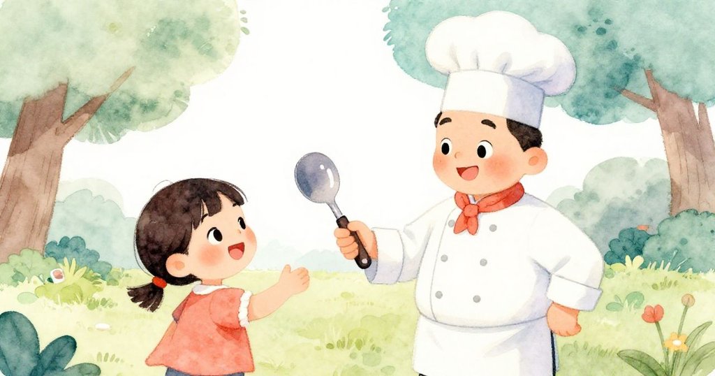 廚師溫柔地將新工具遞給興奮的小朋友，兩人互換微笑，背景中可見公園烹飪區與家長欣慰目光，充滿友愛。