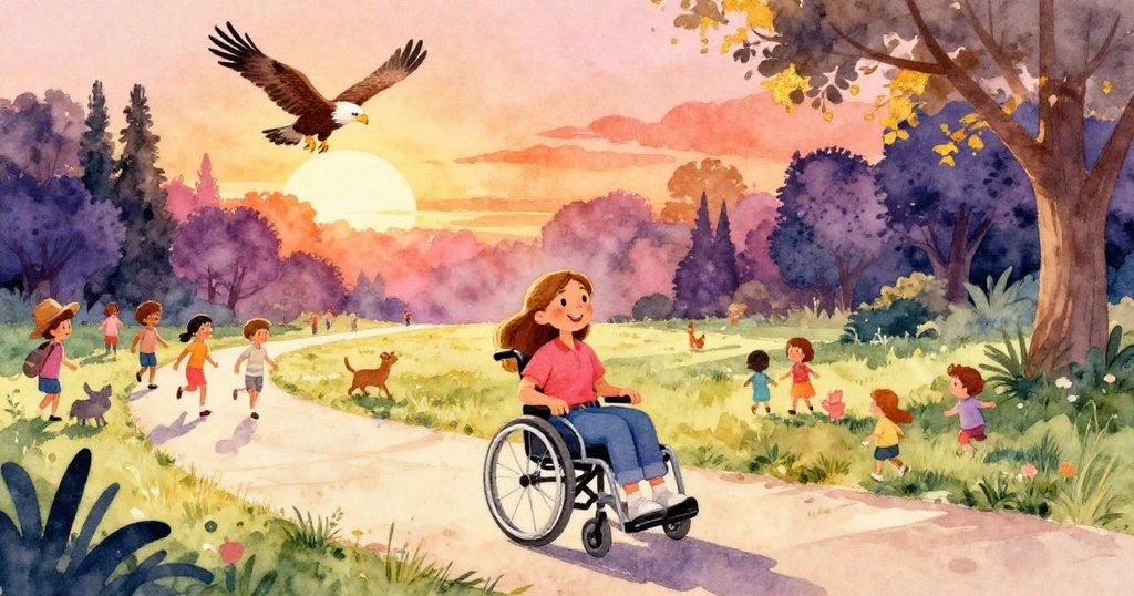 安娜坐在輪椅上穿梭於生機勃勃的公園，周圍有許多人與動物共享喜悅，陽光溫暖灑落，她臉上流露期待與愉悅。