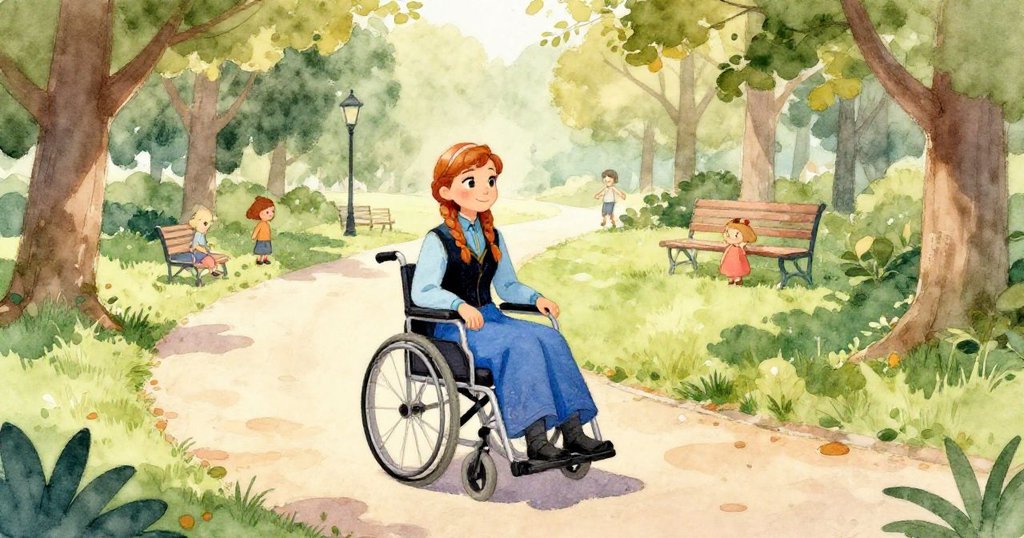 安娜專注推動輪椅，特寫她用力握住方向的手與轉動的輪子，步道上散落花瓣，充滿決心與柔和光線。