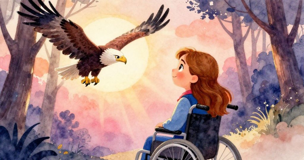 安娜從背後觀察，眼中閃爍驚喜，看見高空中雄鷹優雅滑翔，樹影交錯自然奇幻，充滿無限希望。