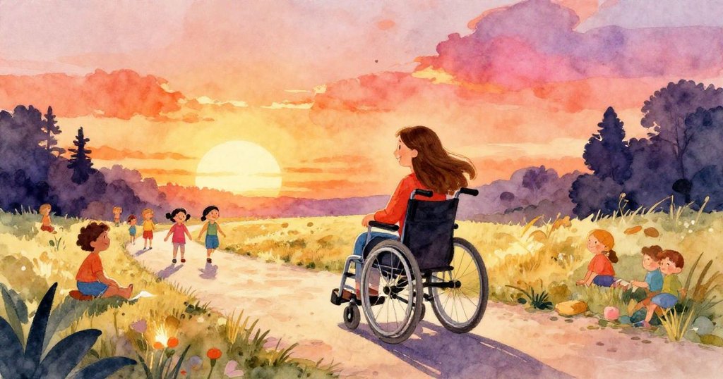 安娜滿懷希望推著輪椅前進，夕陽映照步道，手握海報象徵美好邀請，臉上流露堅定與喜悅。