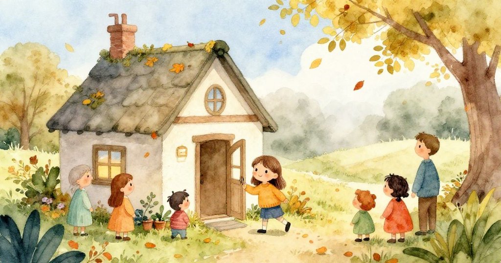 Emma抵達祖母小屋,薄霧中秋意濃,背景落葉飄零,臉上滿含期待與溫暖情感,展現開場場景。