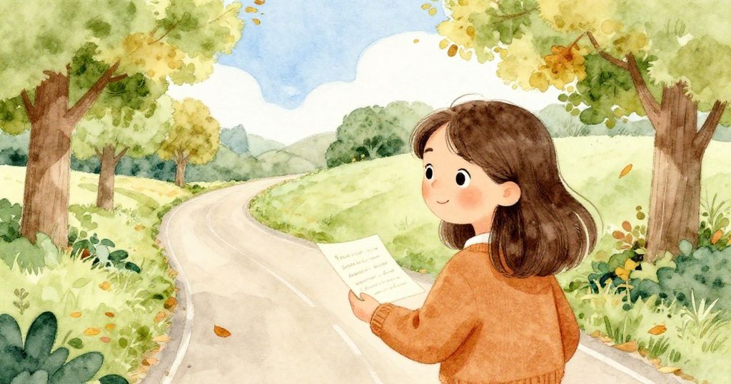 Emma背影走在鄉間彎曲小路上,細看信件牽動情懷,葉落風輕,內心充滿沉思,展開探索發展。