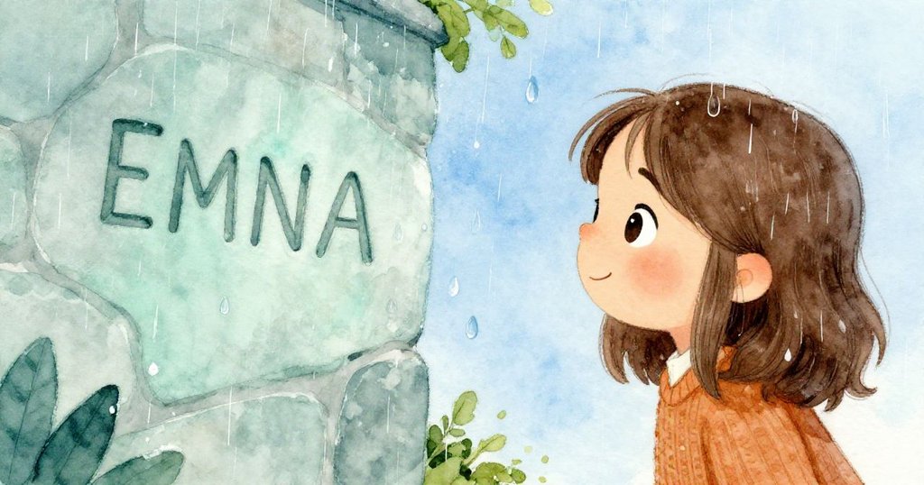 Emma凝望雨後石牆上神秘銘文,臉上表情緊張而期待,雨點映襯秘密啟示,情感達到高潮。