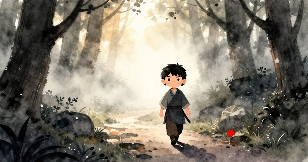 Lian在晨曦古林中行走，晨霧和閃爍露珠映襯著他的堅定神情，展現旅程開端的溫柔與期待。