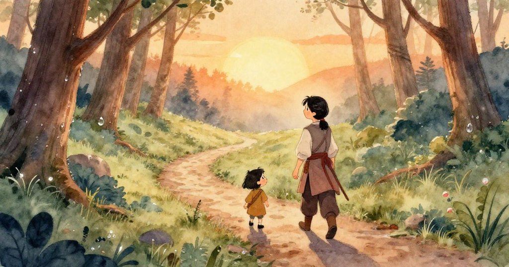 Lian凝視鏡頭，眼中流露出智慧與堅定，背景只隱約見晨光與古林，表現回憶與心中渴望。