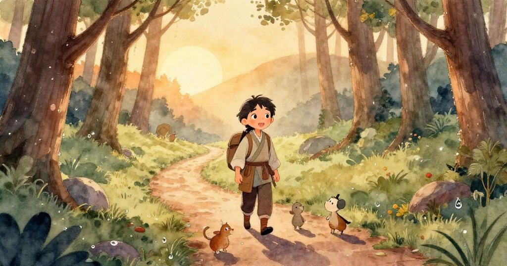 Lian跪坐在晨光中仔細觀察發光石頭上的古老浮雕，俯瞰角度呈現出神秘古徑與歷史感。