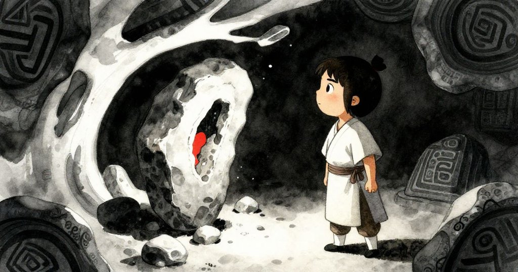 Lian在驚訝中注視移動中的石頭與四周不可能幾何的圖形，展現發現秘密時的震撼與好奇。