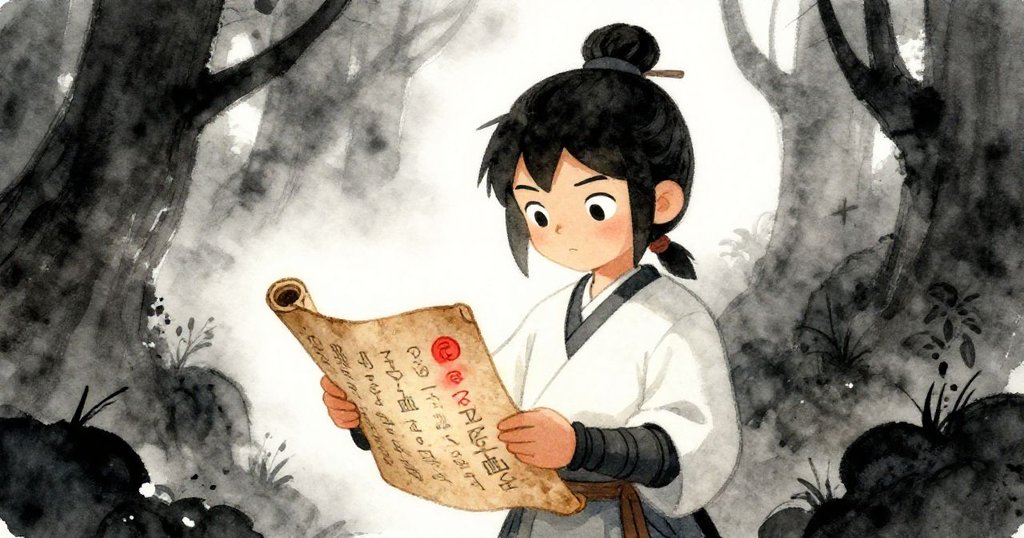 Lian專心低頭閱讀古老羊皮紙，羊皮紙上閃現紅色細節，背景古林朦朧，呈現探索秘密與新希望的情懷。