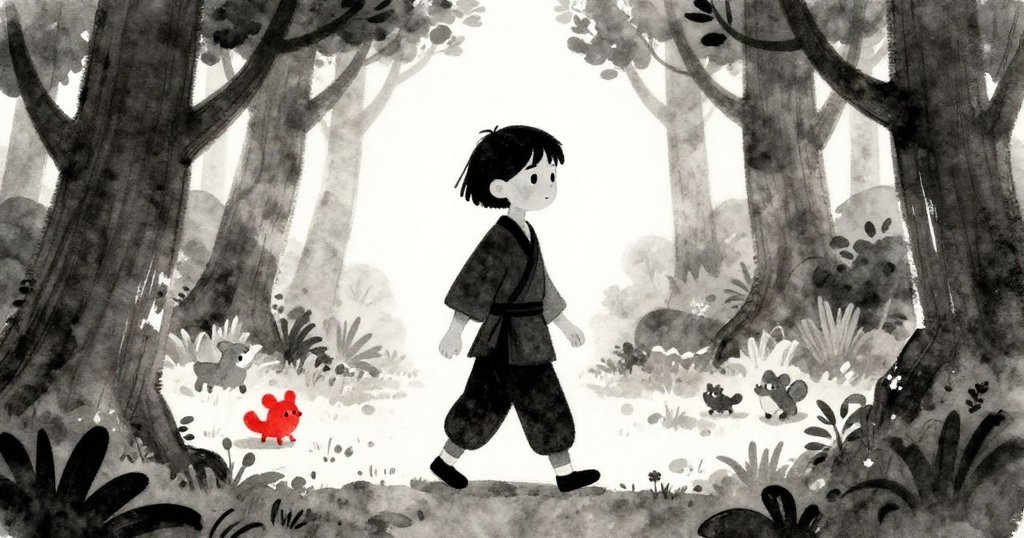 Lian在隱蔽林間空地中堅定前行，古樹與小動物相伴，柔和晨光映照出傳承與成長的平和情懷。