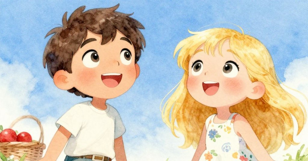 Alex 與 Lily 的臉部特寫，他們仰望晴朗的藍天，眼中滿是驚喜與期待，展現無邪快樂情緒