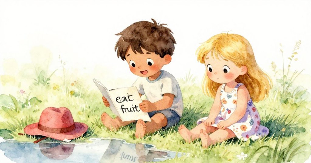 Alex 指著草地上的遺失帽子，Lily 小心閱讀寫著'eat fruit'的紙條，旁邊水坑映出奇妙發現，展現好奇心