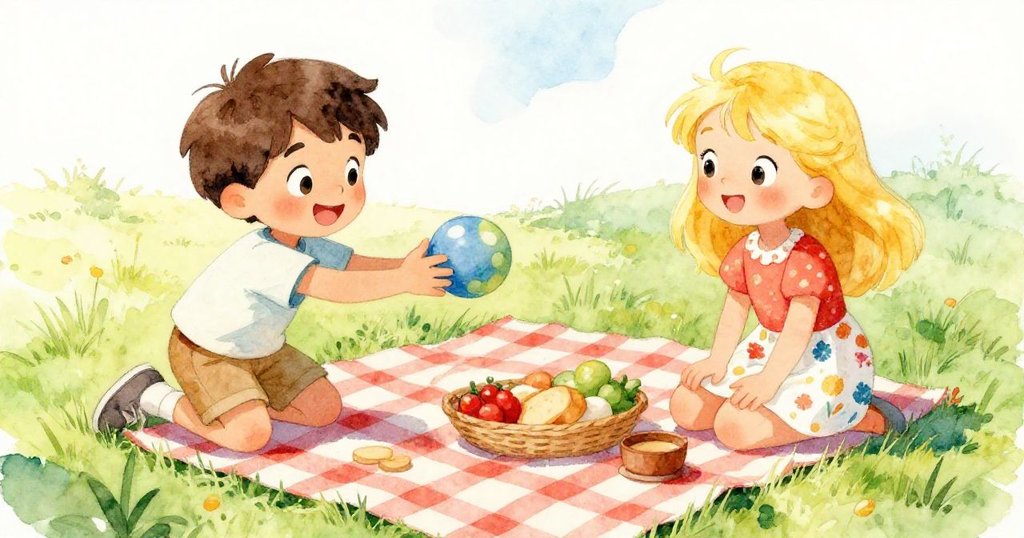 Alex 與 Lily 在青草上玩耍，Alex 伸手止住滾動的球，Lily 整理鮮豔野餐布，隱藏角落充滿冒險趣味