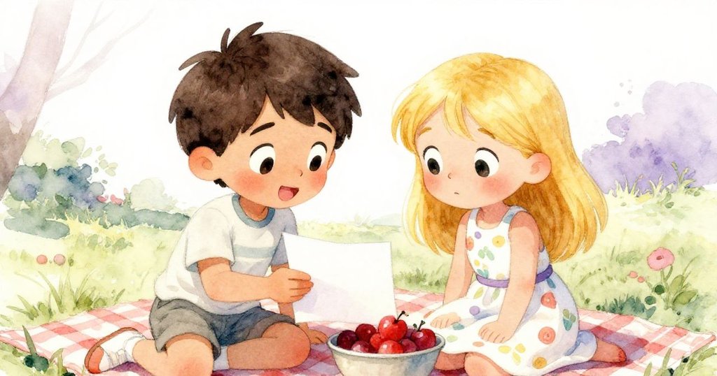 Alex 與 Lily 仔細查看紙條與鮮紅水果，表情透露困惑與決心，克服意外轉折的瞬間在草地野餐區呈現