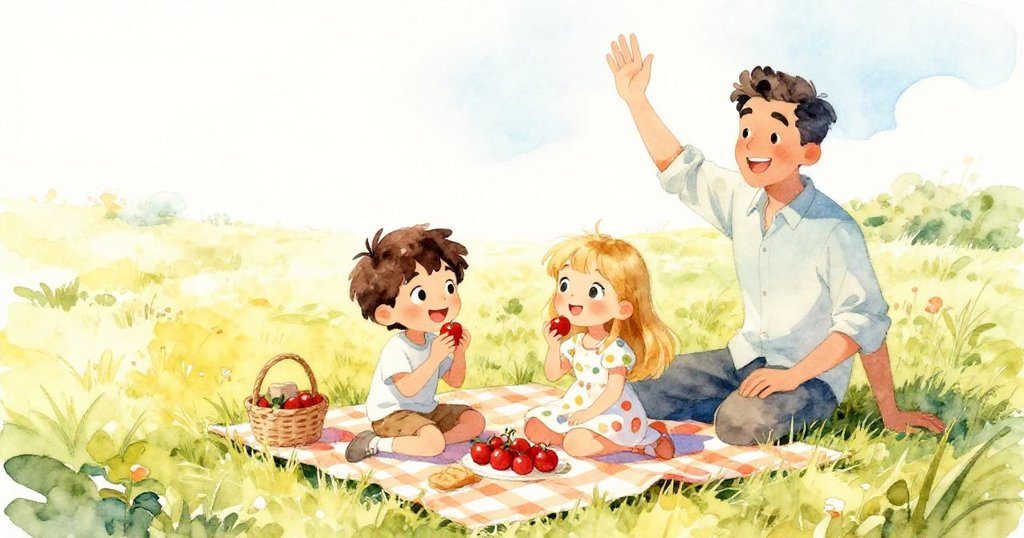 在陽光明媚的草地上，Alex 與 Lily 坐於野餐布上分享鮮果，Kind Man 在遠處熱情揮手，笑容滿面迎接美好結局