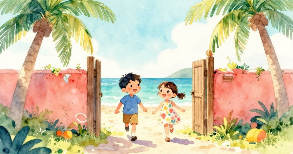 湯姆和莉莎滿懷期待走進陽光沙灘，穿越木製門框，棕櫚樹搖曳，背景充滿藍綠與暖色調，神情愉悅