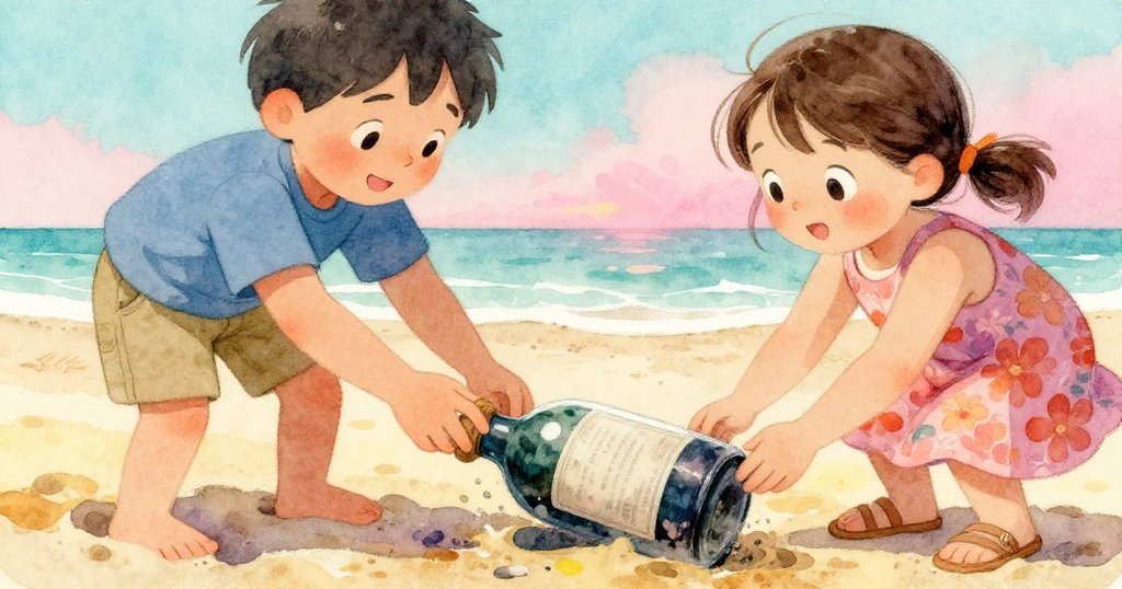 湯姆與莉莎細心拾起神秘瓶子，手部特寫展現溫暖沙粒細節，充滿好奇與期待情感