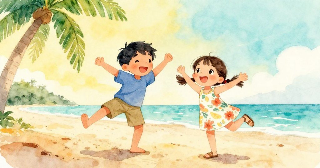 莉莎熱情起舞，湯姆歡樂伴舞，低角度捕捉他們動感身影，藍色海浪與明亮陽光襯托夏日熱情