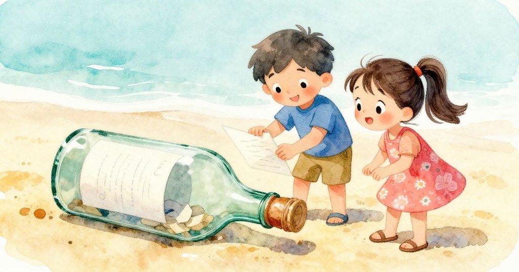 湯姆與莉莎專注打開瓶子，驚喜發現手寫紙條，眼中閃爍著好奇與希望，沙灘細節豐富呈現