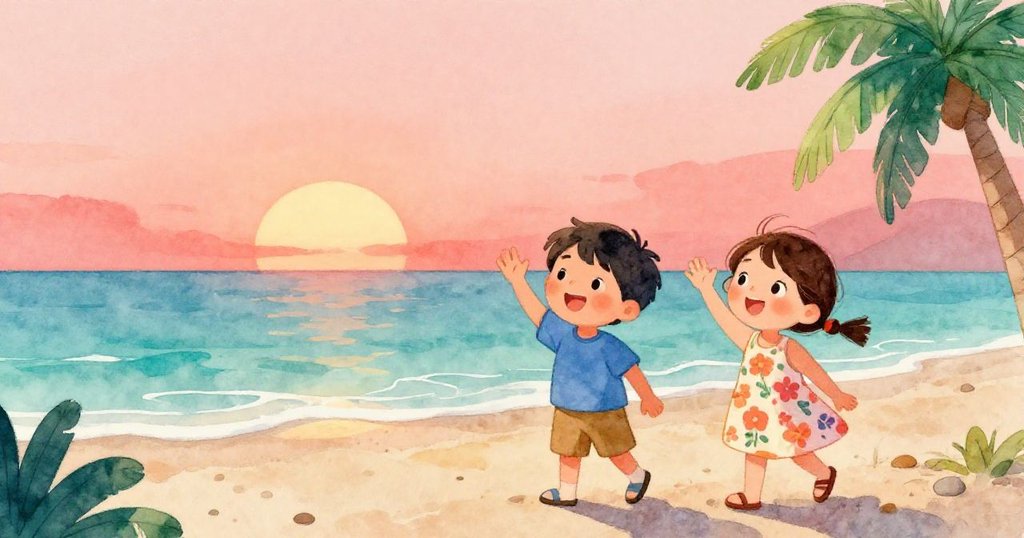 夕陽下湯姆與莉莎揮手告別圍觀人群，臉上洋溢著溫情與希望，海天間呈現柔和金色光暈