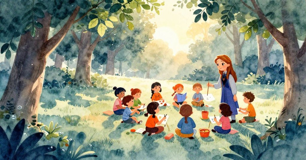 安娜在曙光中的公園裡忙著準備早晨藝術活動,露珠閃耀在綠葉上,學生們充滿期待,氛圍溫暖而充滿希望