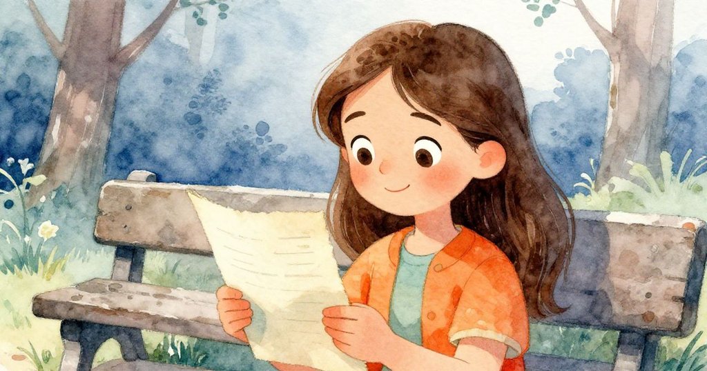 安娜細心地拿著發黃舊紙條,背景中有石製長椅,溫柔表情流露出對往日時光的回憶