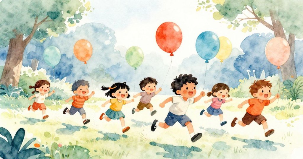 孩子們在公園裡追逐色彩鮮豔的氣球,晨光下氣氛活潑,他們快樂奔跑,場景充滿能量和童趣