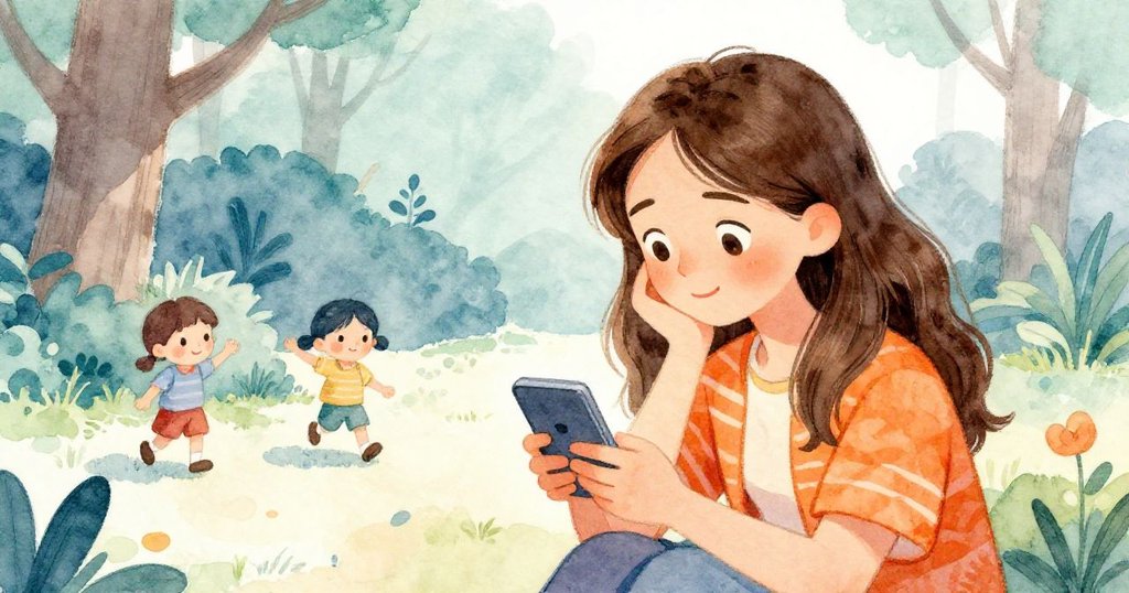 安娜在公園中突然停下腳步,手邊的小裝置輕微震動,她眼神中流露出驚奇與反思,背景中孩子仍在歡快奔跑