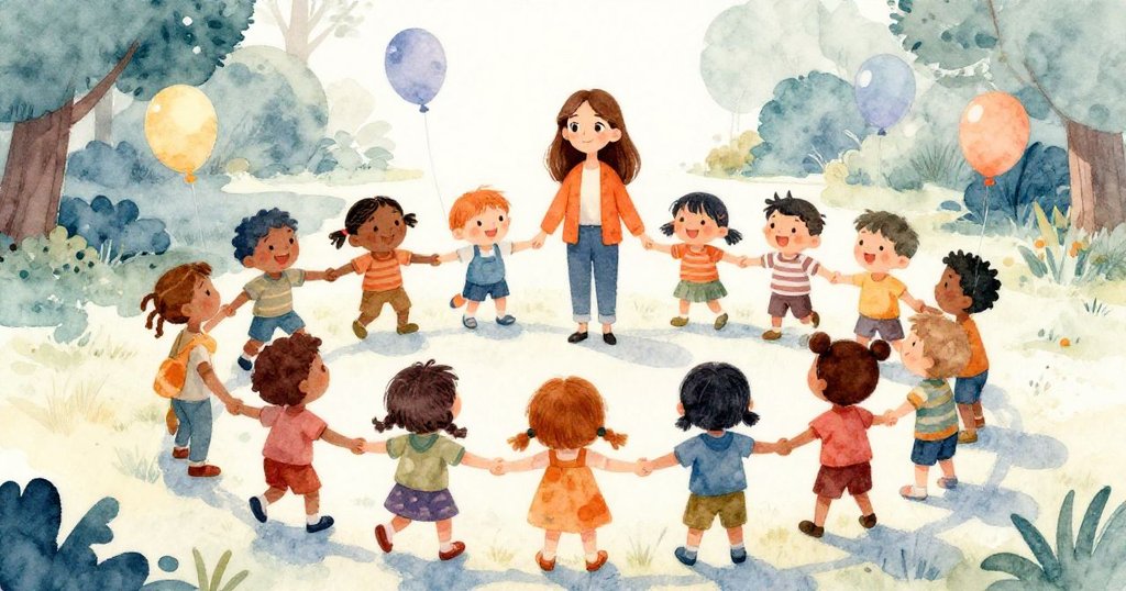 安娜與孩子們在公園中手牽手圍成一圈慶祝生活,溫暖陽光與浮動氣球象徵著希望與未來的承諾,場景充滿和諧