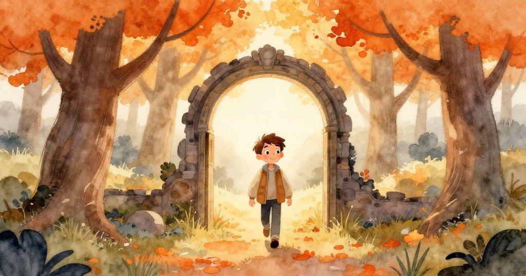 亞歷克斯在晨光中穿過樹木拱門，走在蜿蜒小徑上，神情平靜，展現啟程和期待的情感