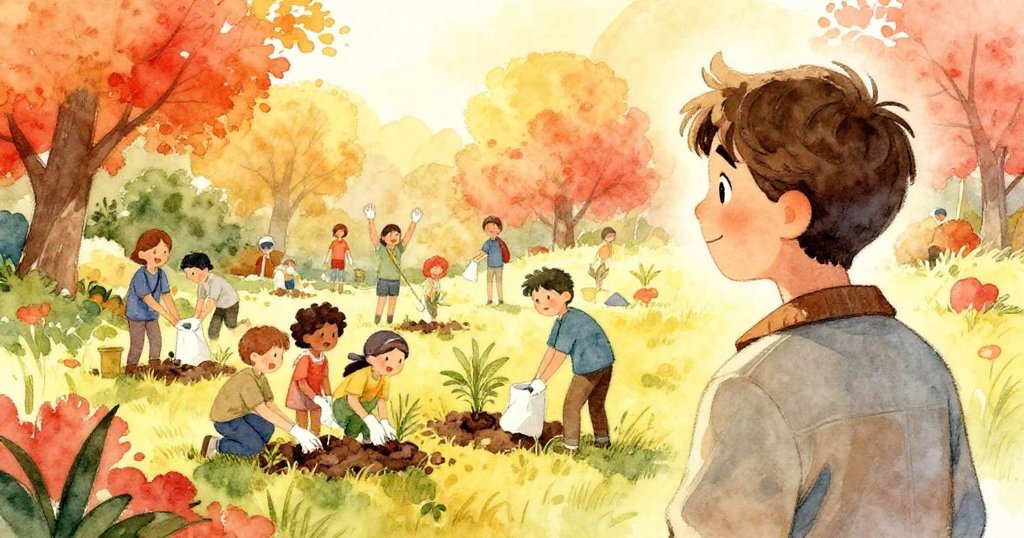 亞歷克斯從背後看向充滿熱情的志工們分組忙碌，臉上流露出欣賞與期待，背景是生機盎然的樹林