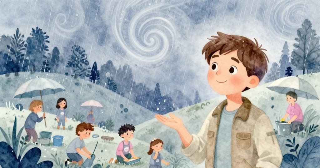 大雨突降，志工們在亞歷克斯陪伴下努力護持小樹，雨滴以夢幻渦旋呈現，氣氛充滿希望與奇幻