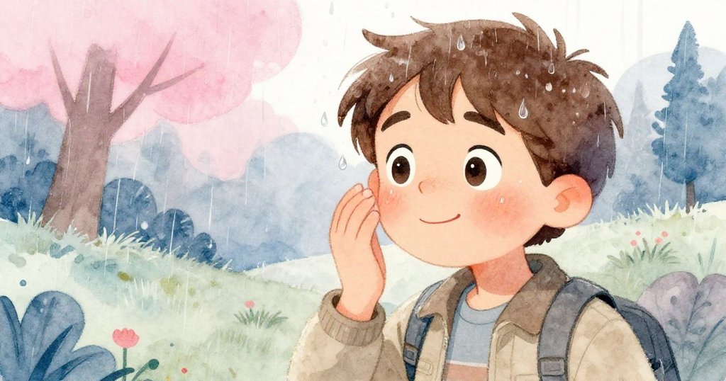 亞歷克斯在雨中凝望遠方，臉上展現敬畏與堅定，雨滴點綴其容顏，內心感受與大自然和社群交織