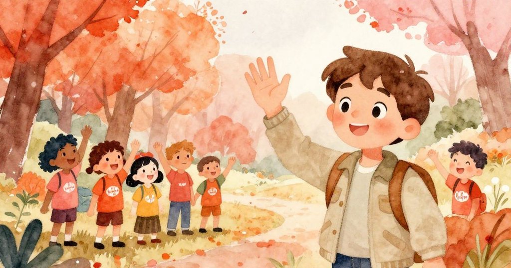 亞歷克斯在明亮的晨光中向志工們揮手告別，步入更新的樹林，滿懷希望與溫馨回憶，場景充滿溫暖與活力