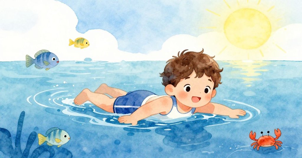 小山姆在明亮海洋中游泳，周遭有許多活潑小魚與小螃蟹，畫面寬廣展現海面與陽光，充滿期待與快樂。