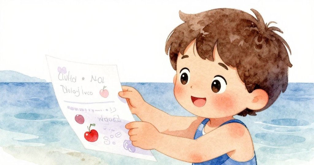 小山姆專注閱讀一張飄浮的紙便條，紙上寫有方向指示，他好奇的眼神與柔和海浪背景相映，透露探索心情。