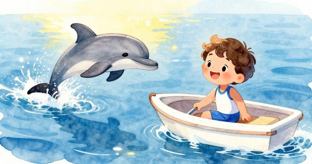 小山姆在小船上欣賞海面上映出的海豚躍出水面，水面倒映著快樂的臉龐與動態跳躍，充滿生機與溫暖陽光。