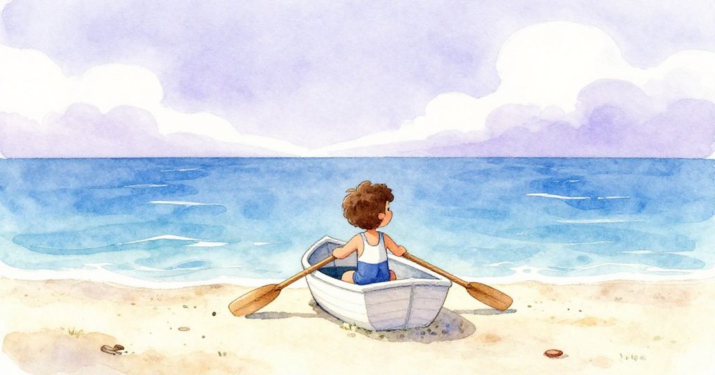 小山姆正划著小船向著溫暖沙灘前進，海面平靜，岸邊柔軟沙粒與海鳥陪伴，背景呈現溫暖黃光與輕柔藍色，充滿希望。