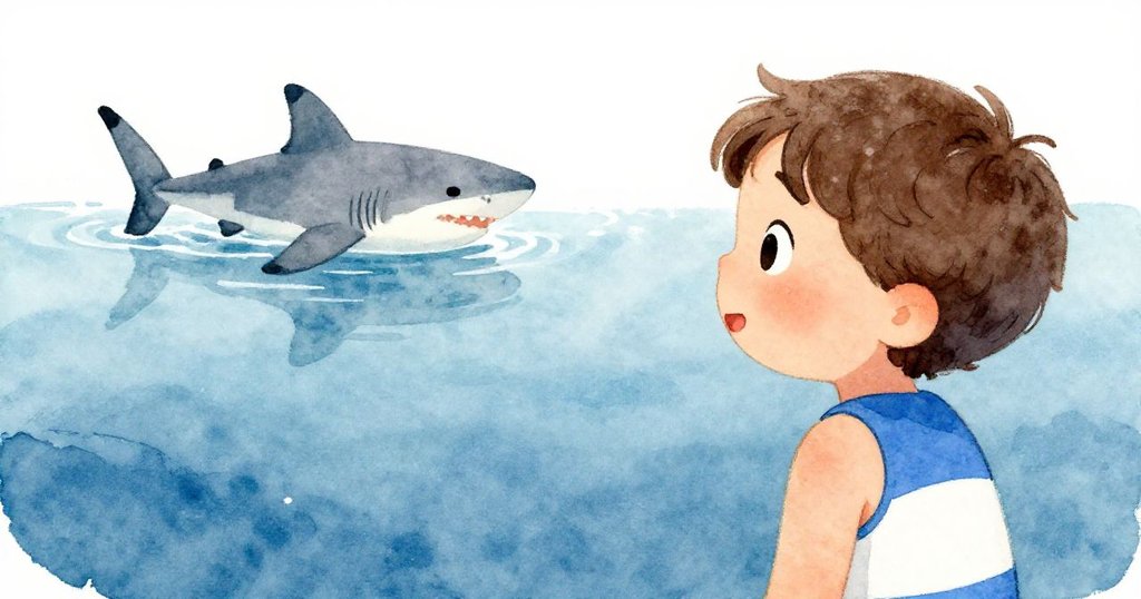 小山姆在海中見到遠處的鯊魚，先顯驚訝後漸感安心，背景充滿溫柔藍色與柔和陰影，營造非威脅性懸疑氛圍。