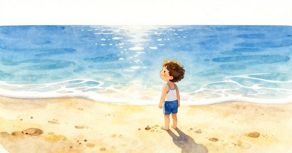 小山姆站在柔軟沙灘上，注視廣闊海洋，陽光灑落形成長影，象徵旅程結束與全新開始，臉上滿帶寧靜與滿足。