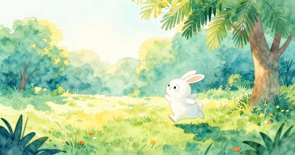 敘述者在寧靜公園見到獨特兔子,兔子剪影在明亮陽光下跳躍,呈現好奇與輕快情感