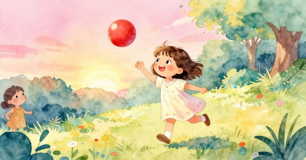 莉莉手抱紅球出現在噴泉旁公園,傾斜視角表現她快樂步伐與自然互動,充滿生動情趣